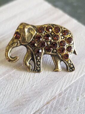 Elephant Pin Brooch La Contessa by Mary Demarco Antique Gold Amber Crystals Mini